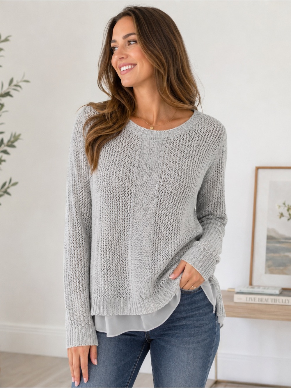 Dahlya Open Knit Sweater Women’s Large Gray Cross Back Layered Crew Neck